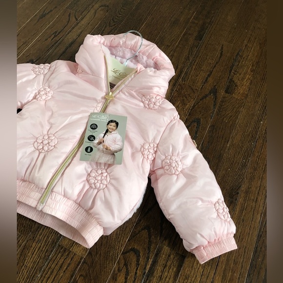 Le Chic Girls 3Y Pastel Pink Hooded Floral Faux Pearl Puffer Jacket w/Fur - NWT! - Picture 3 of 10